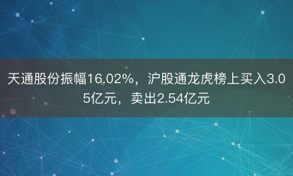 天通股份振幅16.02%，沪股通龙虎榜上买入3.05亿元，卖出2.54亿元